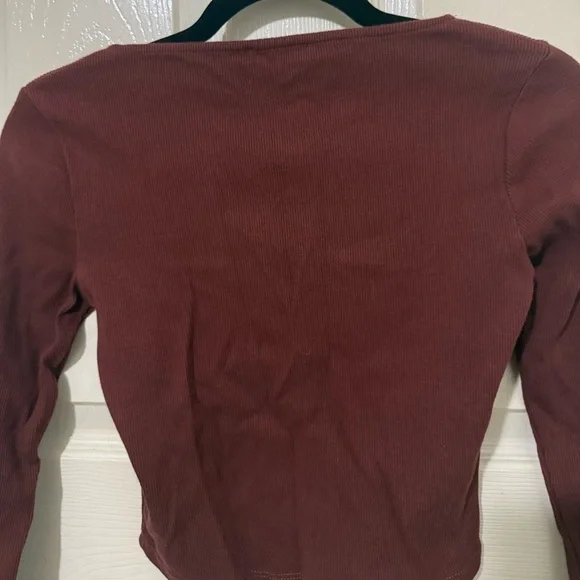 Zara Burgundy Ribbed Cropped Long Sleeve Top | Size M - Picture 9 of 9